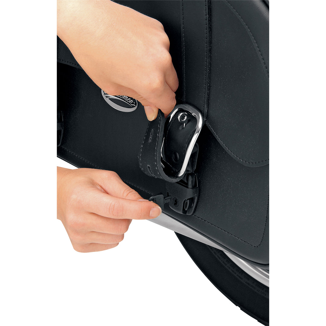 SADDLEMEN Highwayman Tattoo Saddlebags - Close-Up of Model Locking Lid Straps