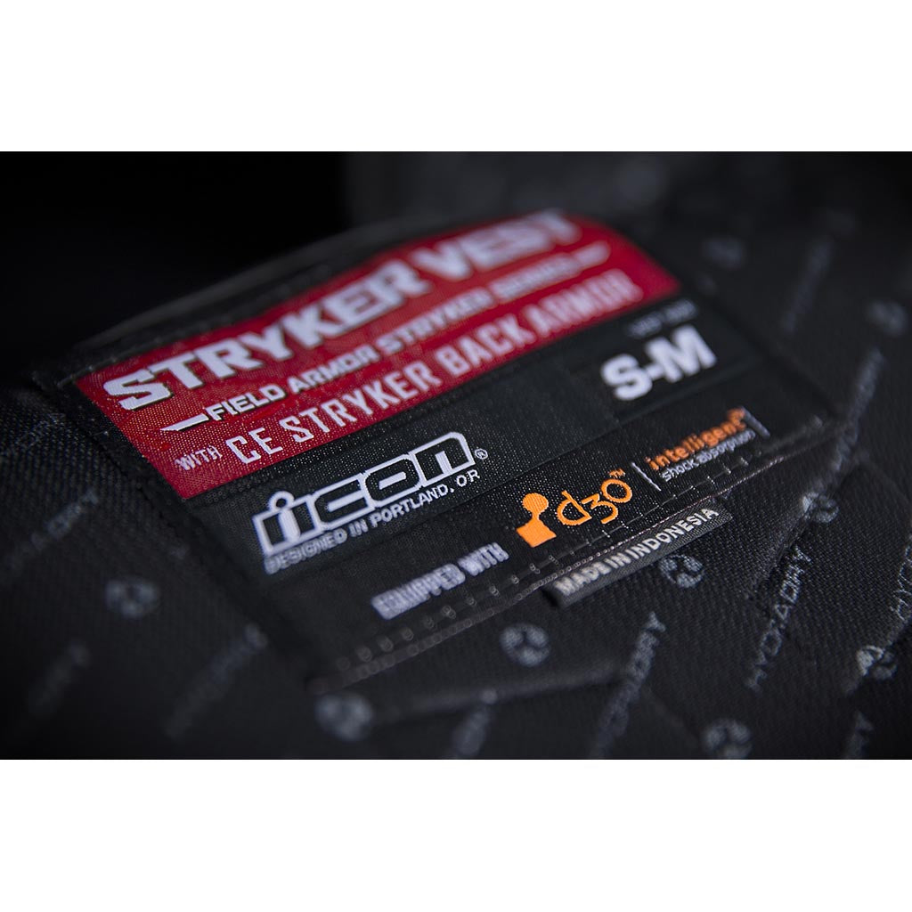 ICON Stryker Vest Stealth - Close-Up of Label and Size Tag
