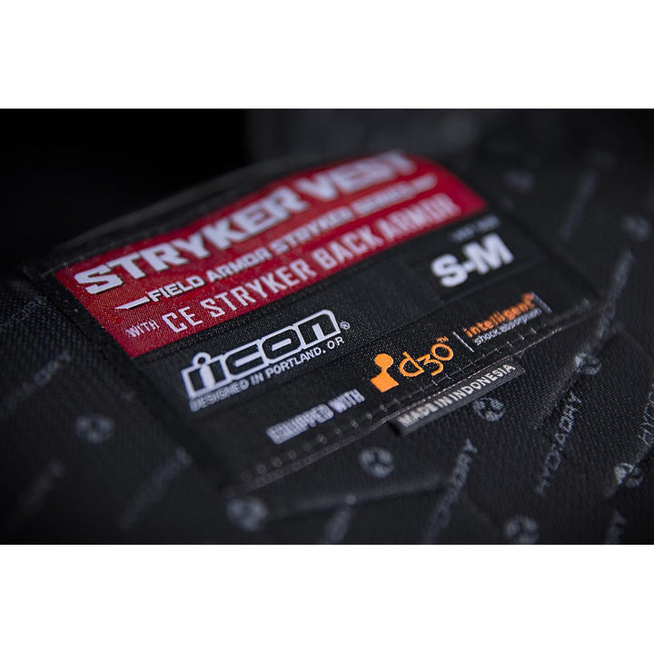 ICON Stryker Vest Stealth - Close-Up of Label and Size Tag