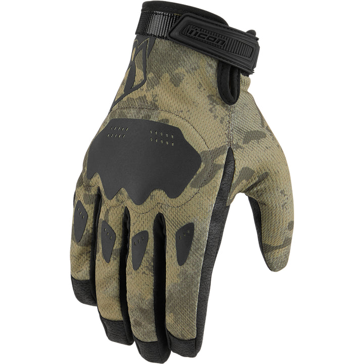 ICON Hooligan CE Gloves Tan Camo - Back of Hand View
