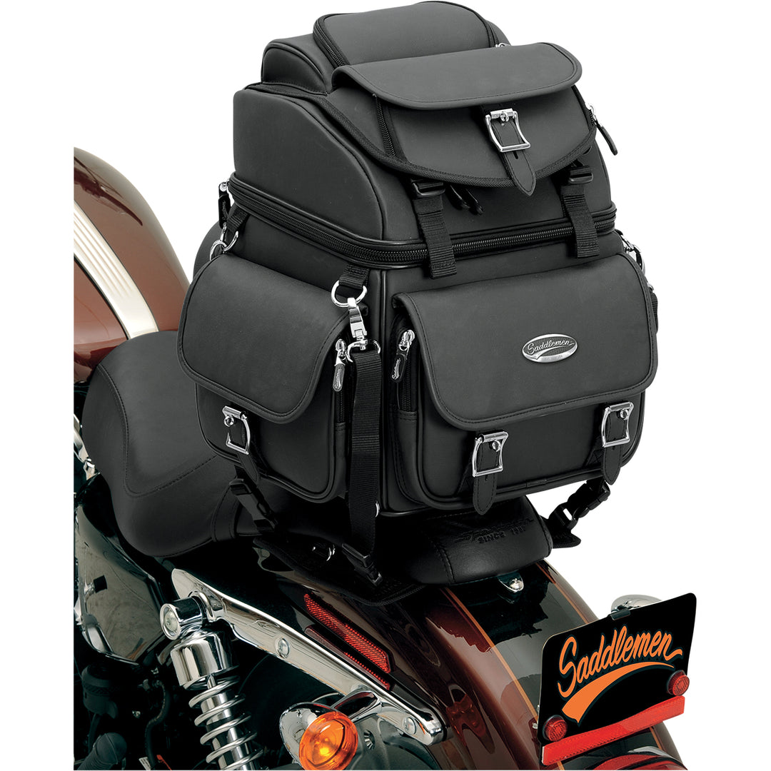 SADDLEMEN BR1800EX Combination Backrest, Seat, and Sissy Bar Bag - Angled Side View of Bag Attached to Tail of Motorcycle
