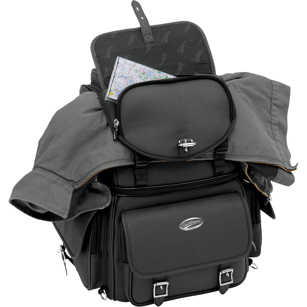 SADDLEMEN BR3400EX Combination Backrest, Backseat, and Sissy Bar Bag - Front Side View with Jacket Stuffed Under Top Flap and Top Pocket Open with Map sticking out
