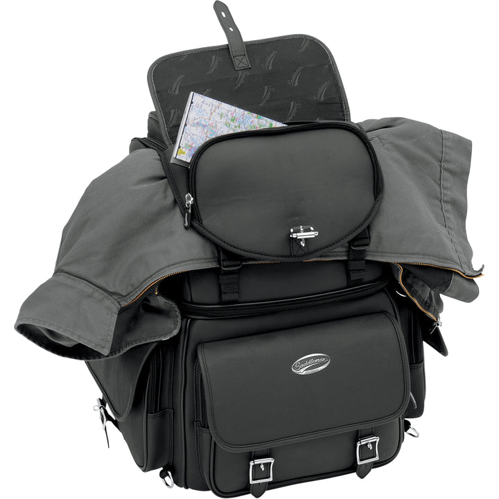 SADDLEMEN BR3400EX Combination Backrest, Backseat, and Sissy Bar Bag - Front Side View with Jacket Stuffed Under Top Flap and Top Pocket Open with Map sticking out