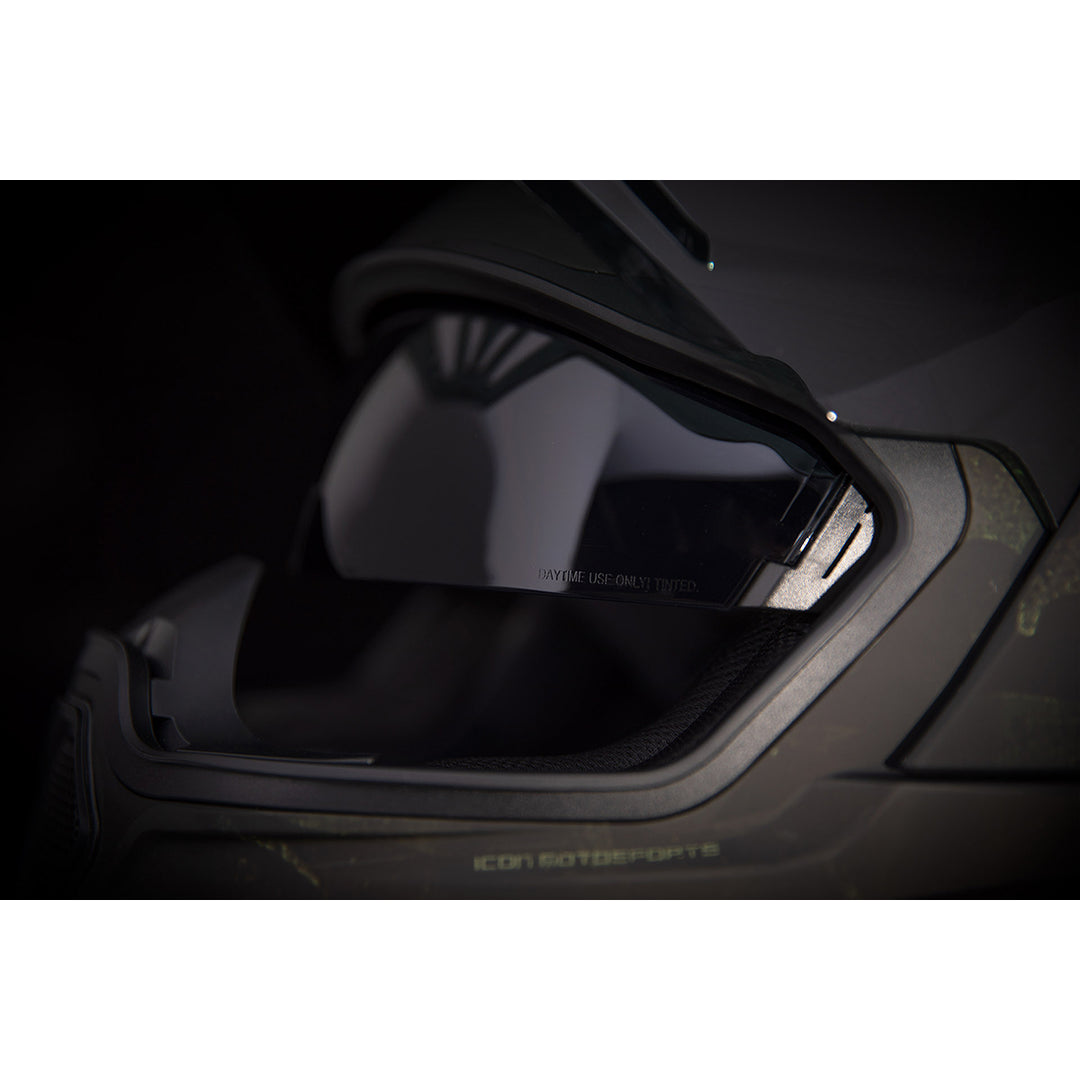 ICON Airflite™ Demo MIPS® Helmet Black - Close-Up of Viewport with Faceshield Raised and Drop Down Sun Visor Lowered
