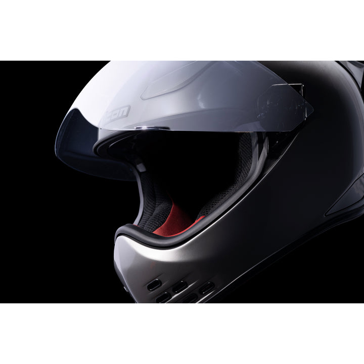 ICON Domain™ Cornelius Helmet Silver - Close-Up of Viewport with Faceshield Raised