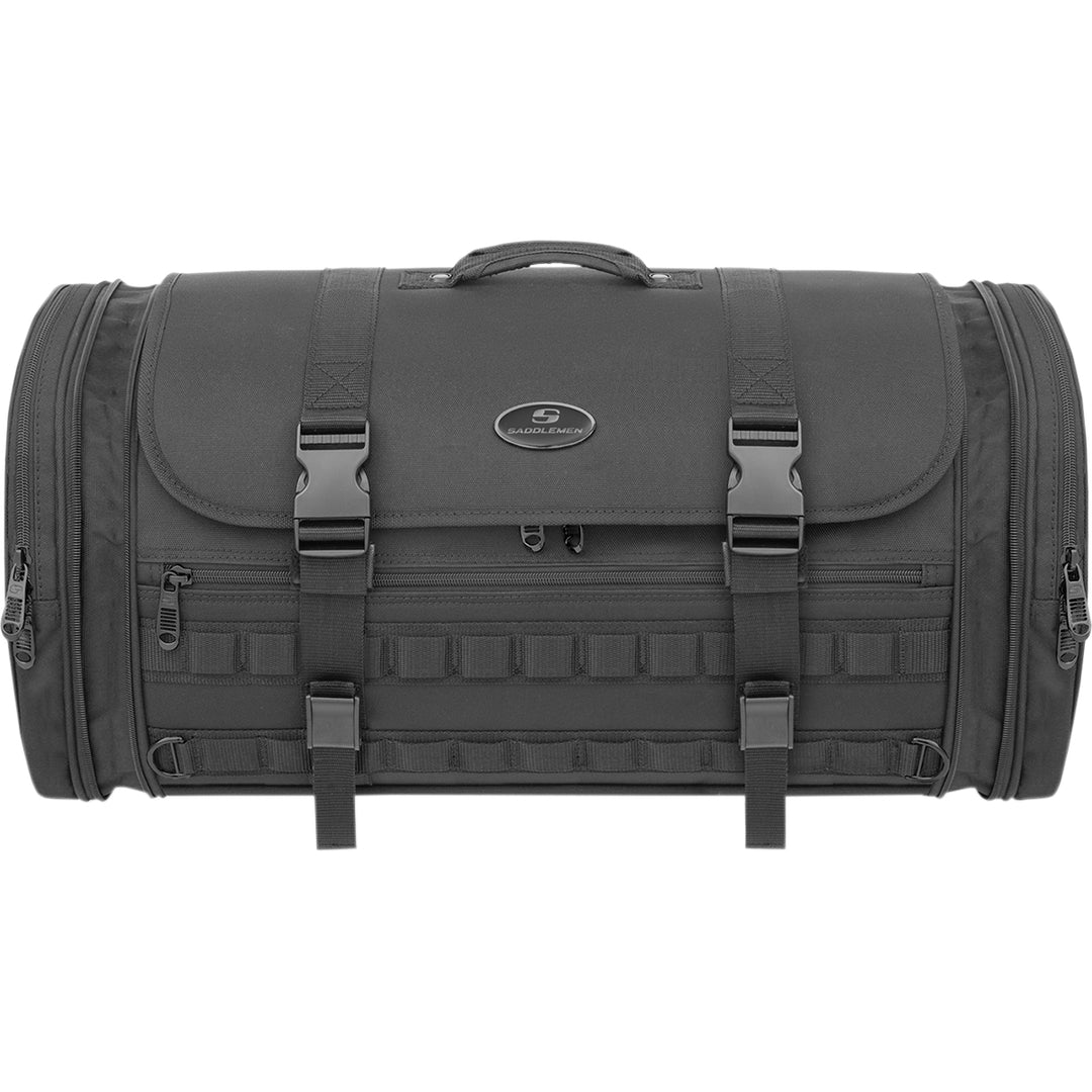 SADDLEMEN TR3300 Tactical Deluxe Rack Bag - Front View with Side Pockets Expanded