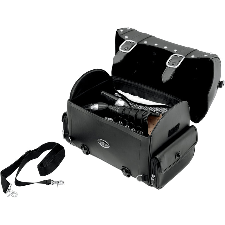 SADDLEMEN Desperado Express Tail Bag - Angled Side View with Lid Open, Showing Packed Gear Inside, and Display of Extra Strap