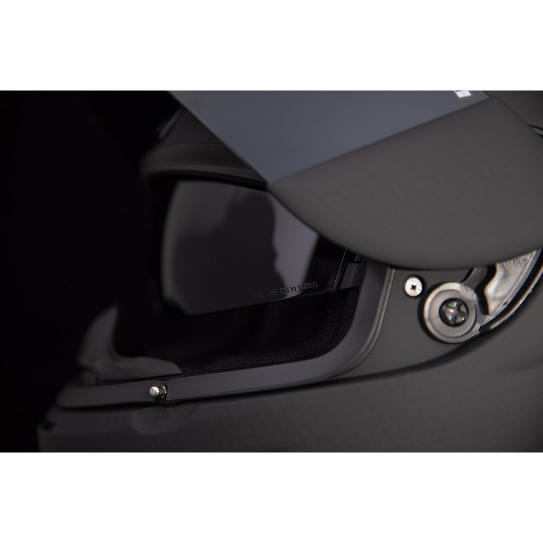 ICON Airform™ Counterstrike MIPS® Helmet Black - Close-Up of Viewport with Faceshield Raised and Drop Down Sun Visor Lowered