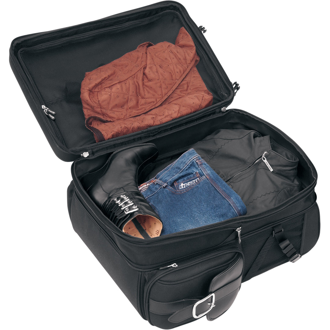 SADDLEMEN S3200DE Deluxe Sissy Bar Bag - Top View with Lid Open, Showing Gear Packed Inside