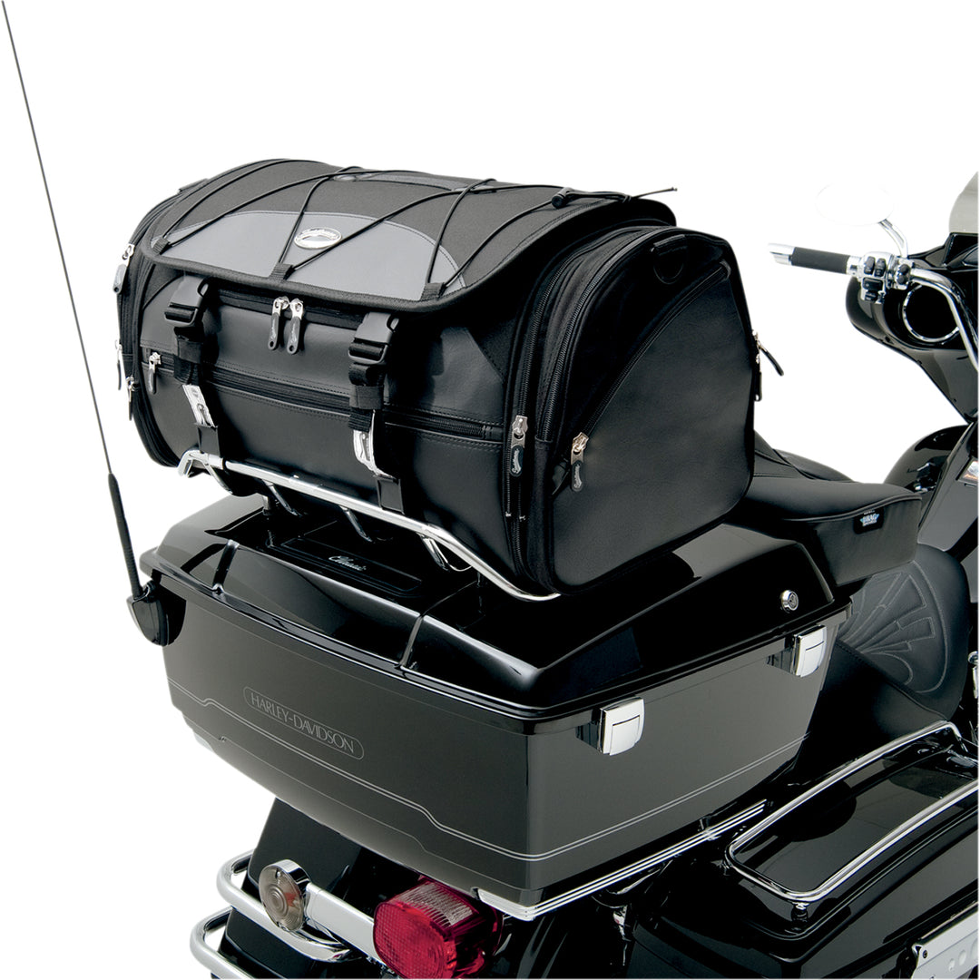 SADDLEMEN TR3300DE Deluxe Rack Bag - Front Side View Strapped to Rear Trunk Rack