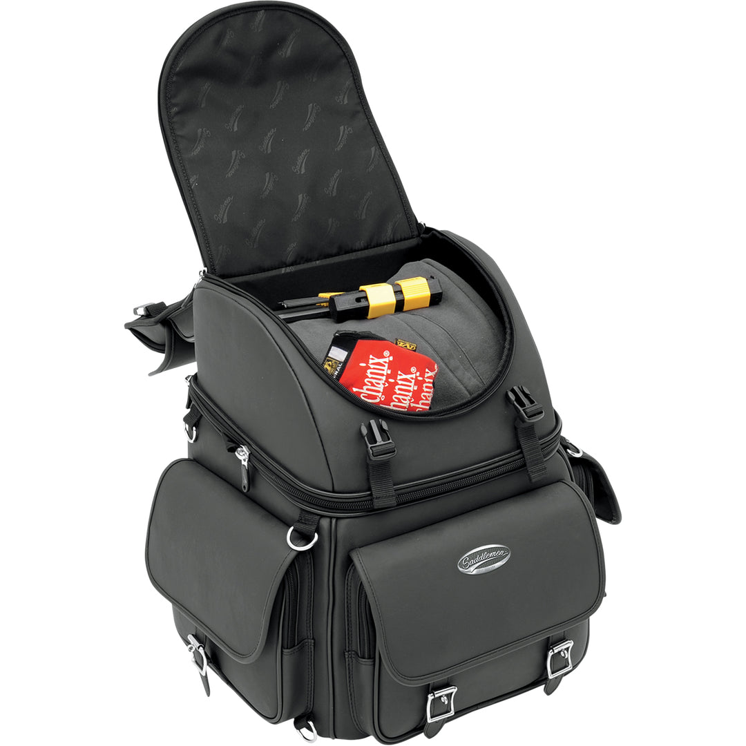 SADDLEMEN BR3400EX Combination Backrest, Backseat, and Sissy Bar Bag - Front Side View with Top Section Open, Showing Packed Gear Inside