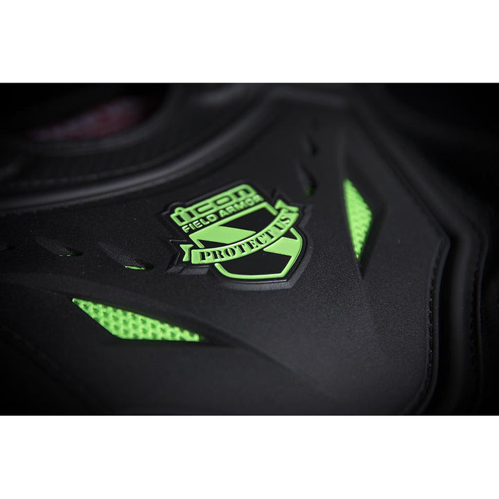 ICON Stryker Vest Green - Close-Up of Logo on Chest Plate