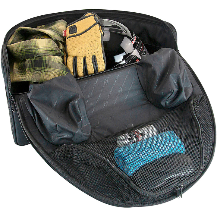 SADDLEMEN BR2200 Tactical Backrest Bag - Top View with Lid Open, Showing Packed Gear Inside