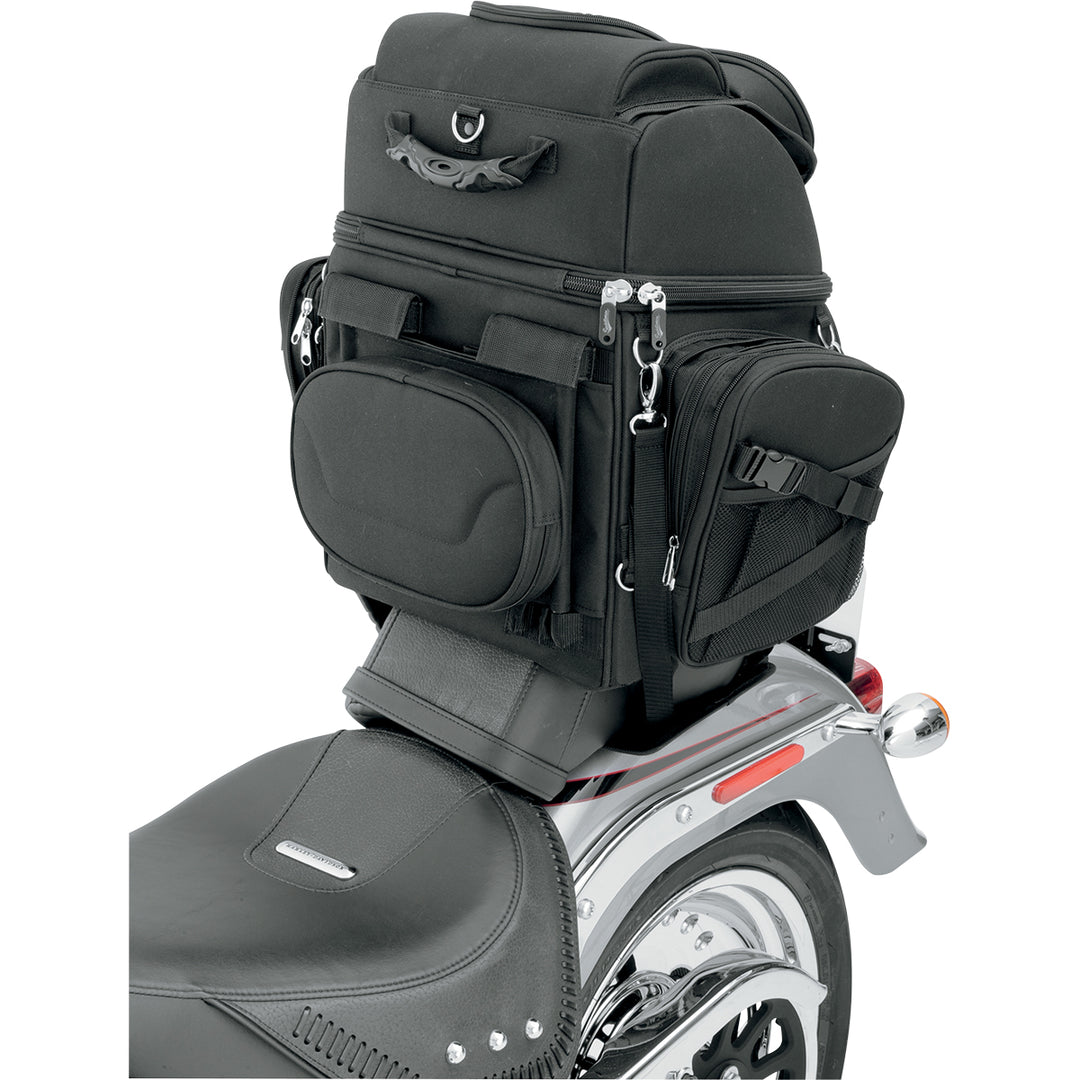 SADDLEMEN BR3400 Backseat or Sissy Bar Bag - Rear Side View of Bag Strapped to Motorcycle Tail