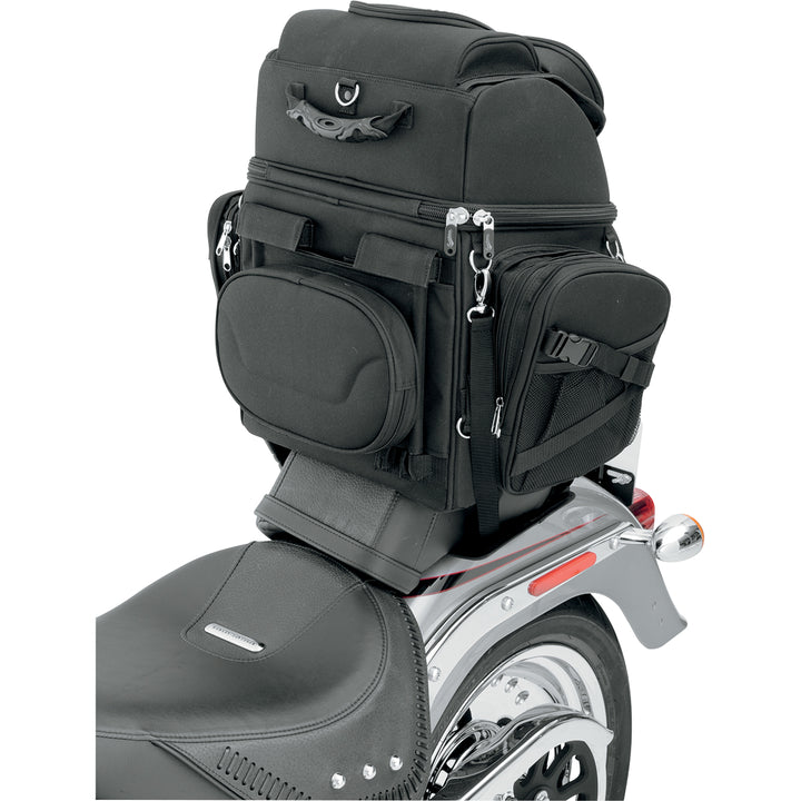SADDLEMEN BR3400 Backseat or Sissy Bar Bag - Rear Side View of Bag Strapped to Motorcycle Tail