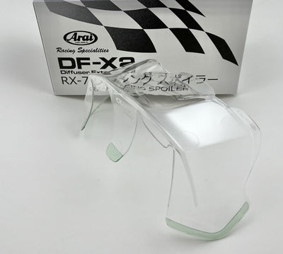Arai® DF-X2 Diffuser Extension-2 Clear - Front Side View in Front of Box Case