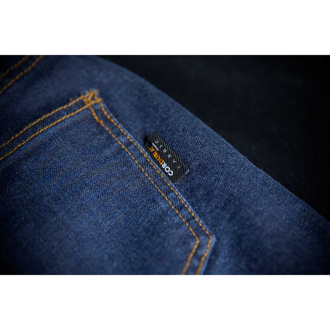 ICON Motorcycle Women's MH1000 Jean Blue - Close-Up of Tag on Back Pocket