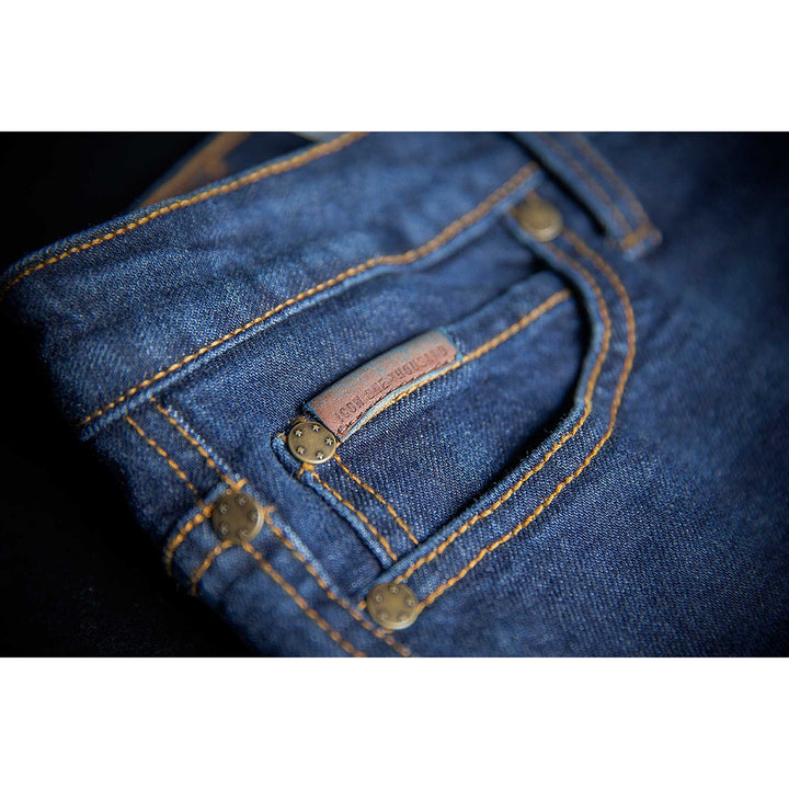 ICON Motorcycle Women's MH1000 Jean Blue - Close-Up of Front Pocket