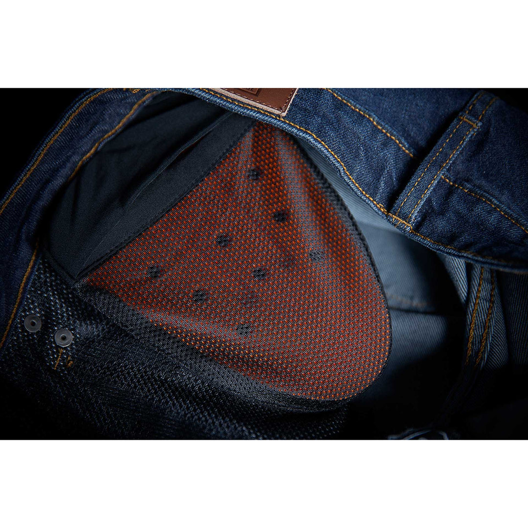ICON Motorcycle Women's MH1000 Jean Blue - Close-Up of Hop Pad Insert Slot