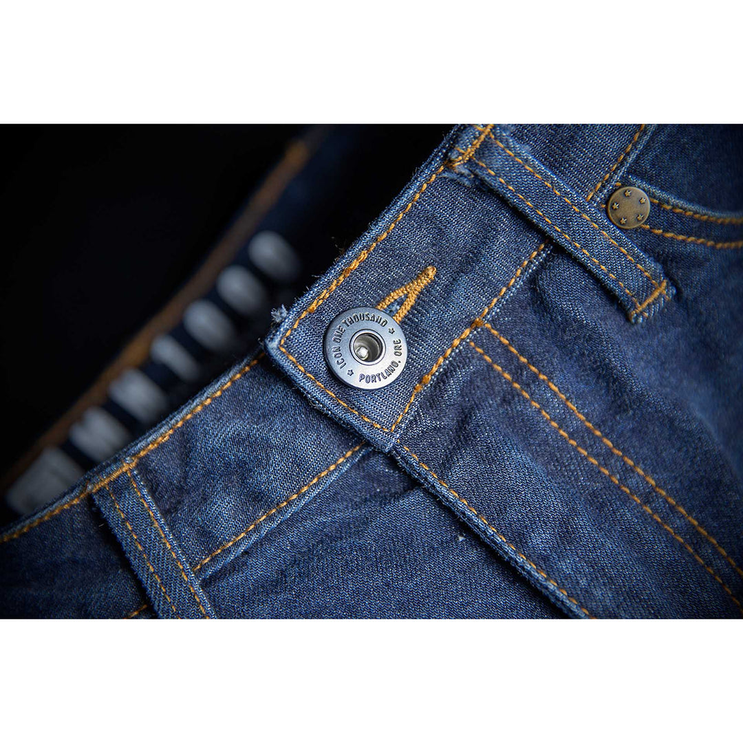 ICON Motorcycle Women's MH1000 Jean Blue - Close-Up of Front Button