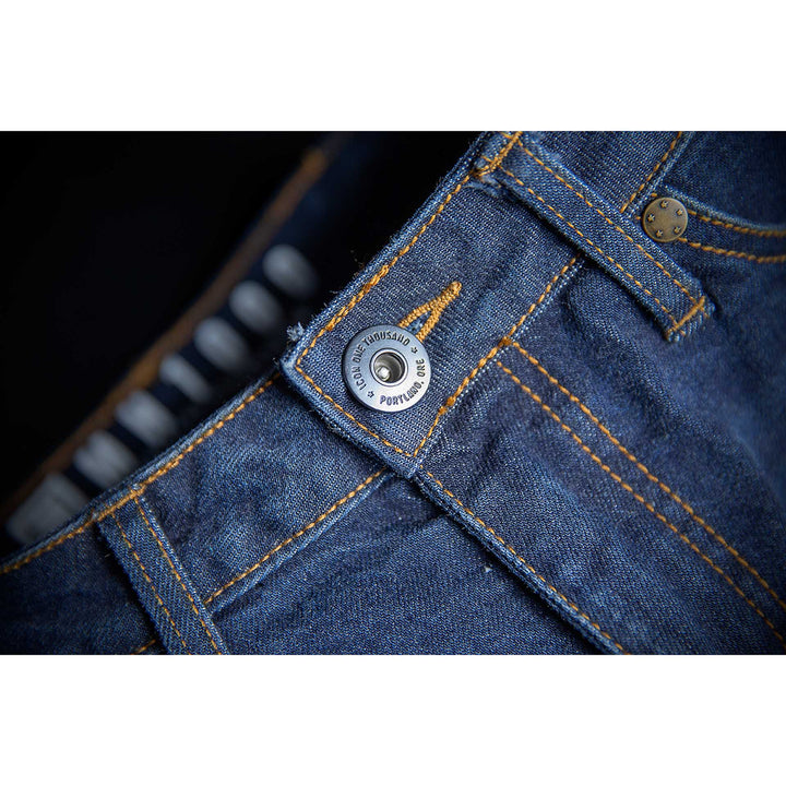ICON Motorcycle Women's MH1000 Jean Blue - Close-Up of Front Button