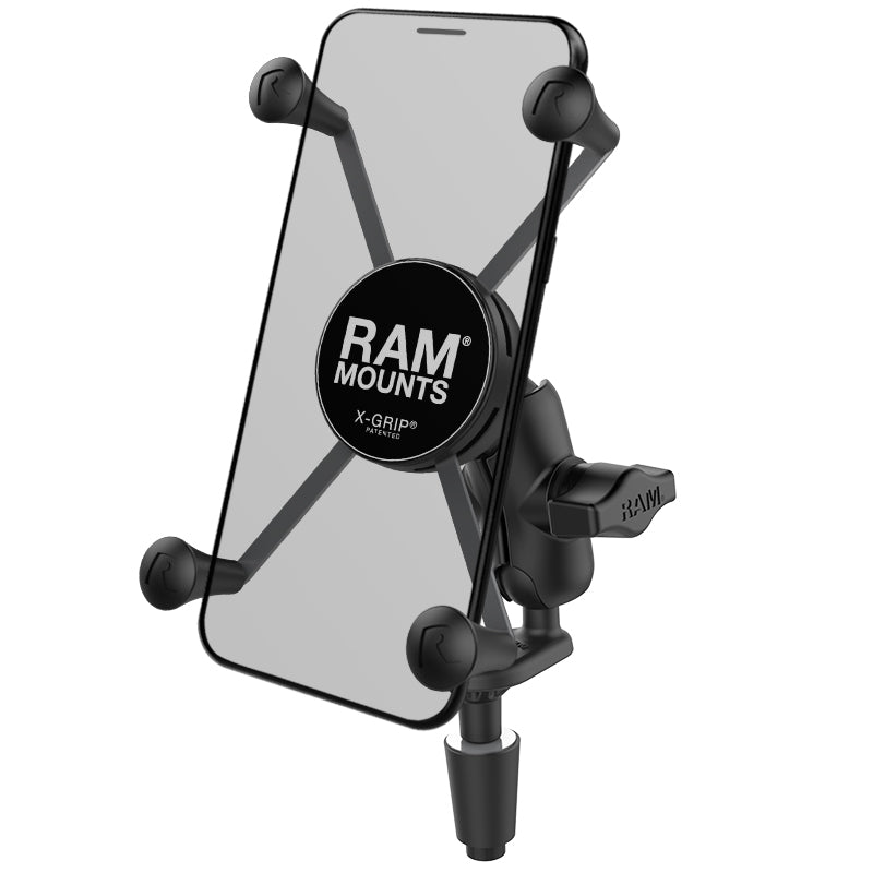 RAM X-Grip Large Phone Mount with Motorcycle Fork Stem Base - Angled Side View with See-Through Example of Phone