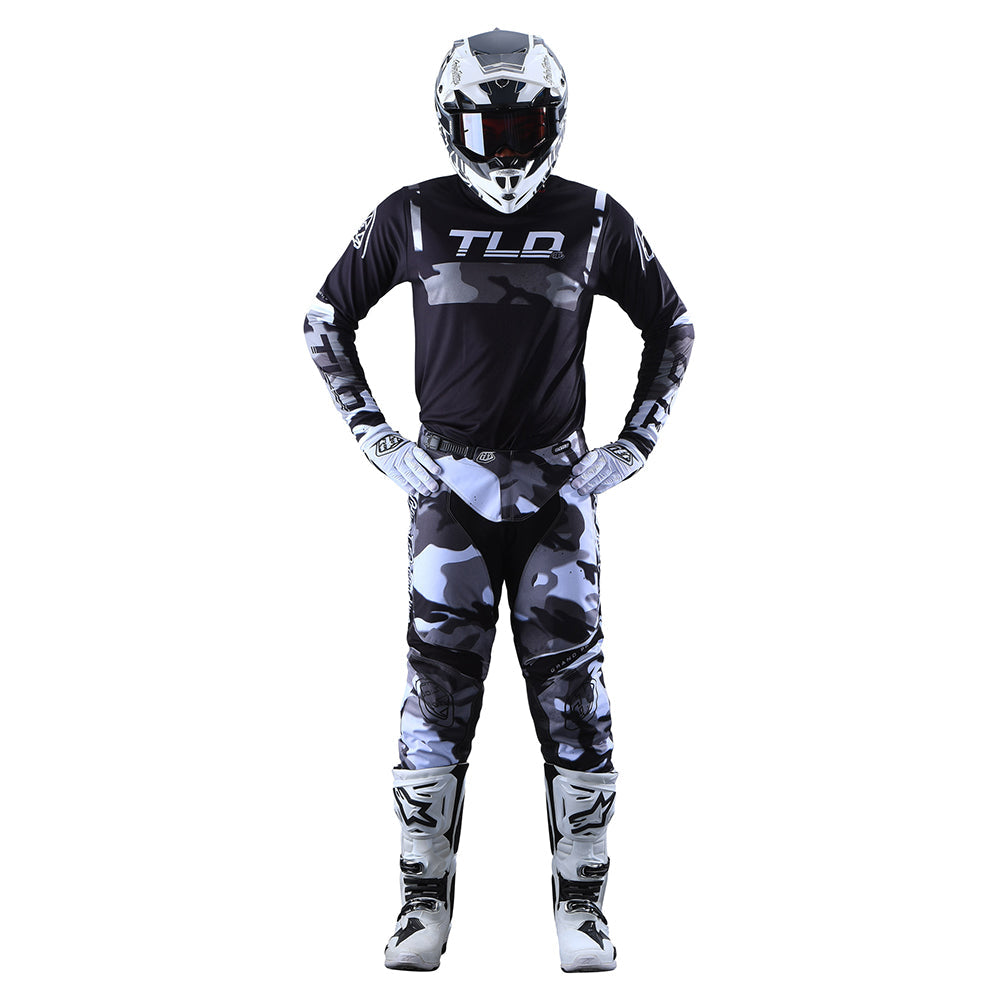 Troy Lee Designs GP Jersey Brazen Camo Gray - Front Full View of Model Posing in Jersey and Pants