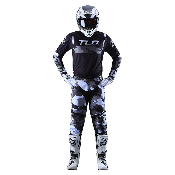 Troy Lee Designs GP Jersey Brazen Camo Gray - Front Full View of Model Posing in Jersey and Pants