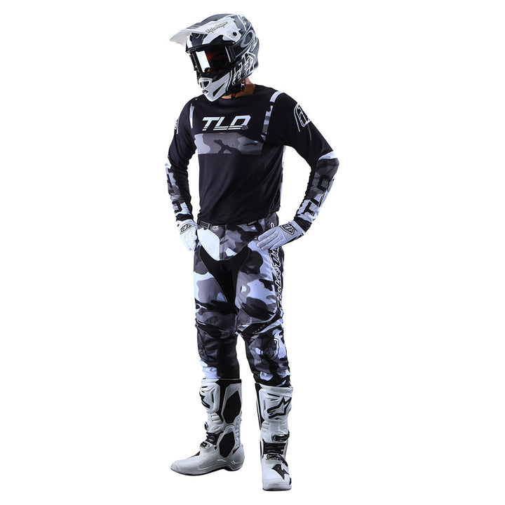 Troy Lee Designs GP Pant Brazen Camo Gray - Front Side Full View of Model Posing in Pants and Jersey