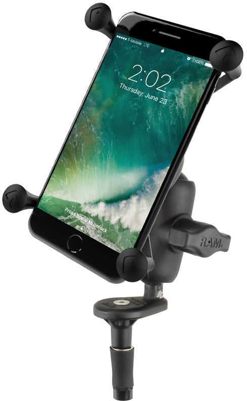 RAM X-Grip Large Phone Mount with Motorcycle Fork Stem Base - Angled Side View with Solid Example of Phone