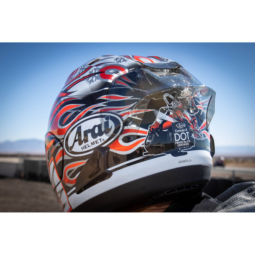 Arai Corsair-X Haga GP Helmet - Lifestyle close-up from behind of rider wearing helmet