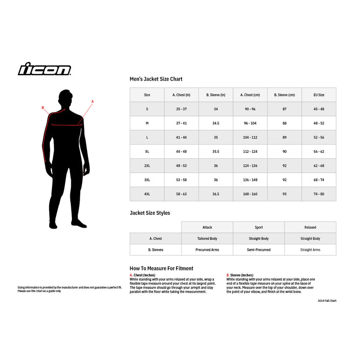 ICON Hooligan CE Tiger's Blood Jacket - Size Chart