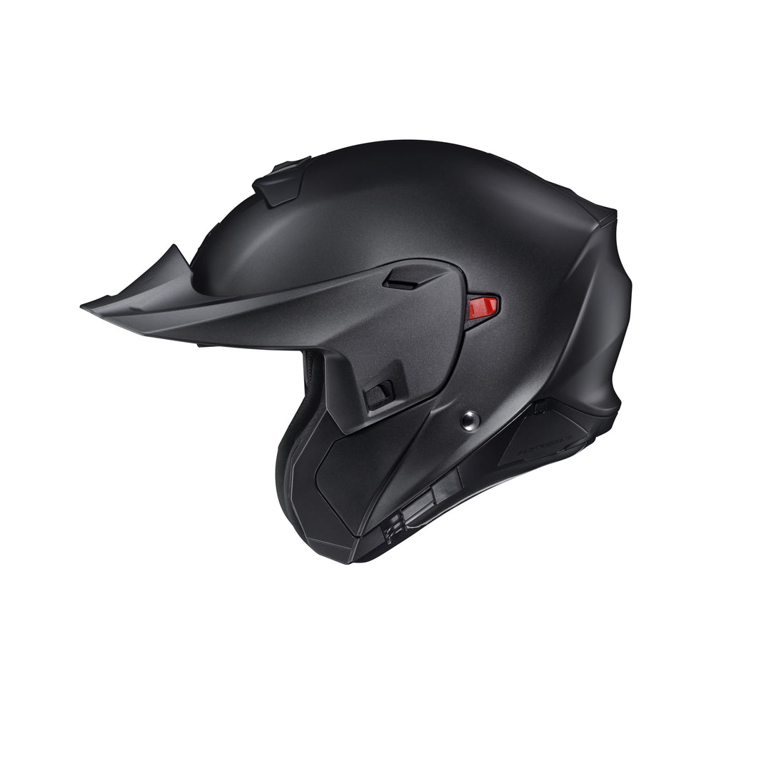 SCORPION EXO EXO-GT930 Transformer Helmet Matte Black - Left Side View with Chin Bar and Faceshield Removed, Off Road Visor Installed, and Drop Down Sun Visor Raised