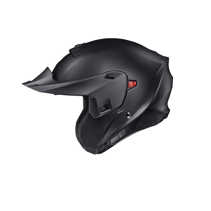 SCORPION EXO EXO-GT930 Transformer Helmet Matte Black - Left Side View with Chin Bar and Faceshield Removed, Off Road Visor Installed, and Drop Down Sun Visor Raised