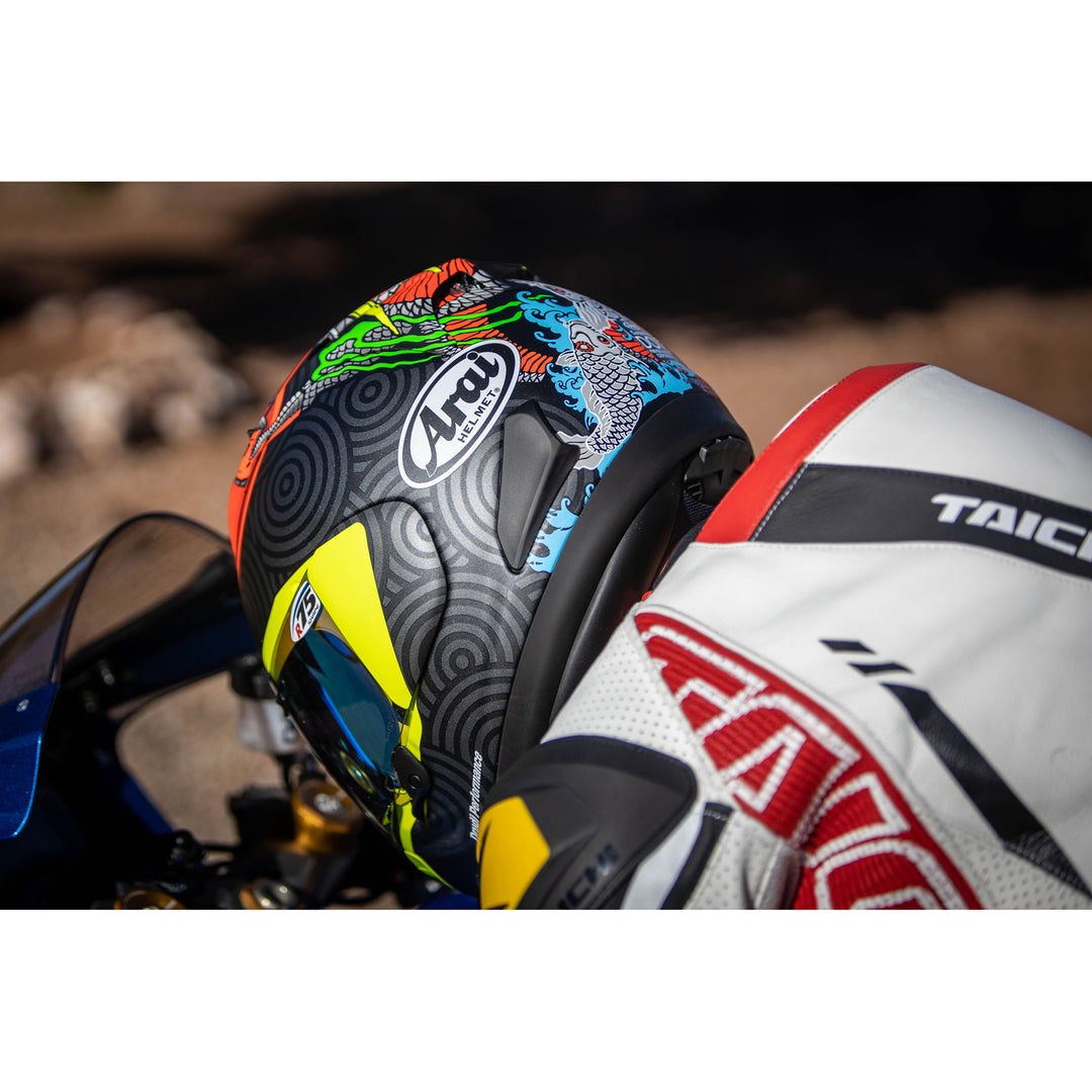 Arai Corsair-X Tatsuki Helmet Frost - Lifestyle close-up of rider wearing helmet