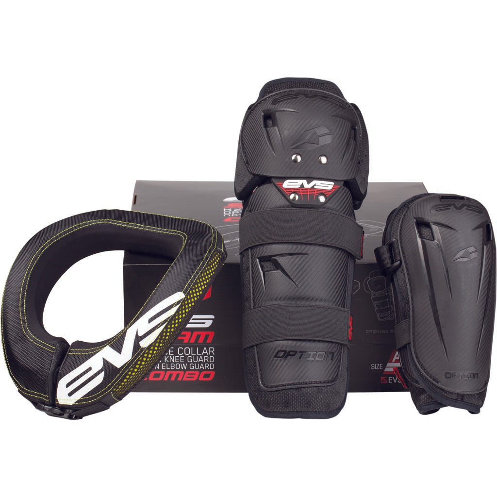 EVS Sports Slam Combo Kit Black - Display View of Neck Brace, Knee Guard, and Elbow Guard Propped Up Against Box Case