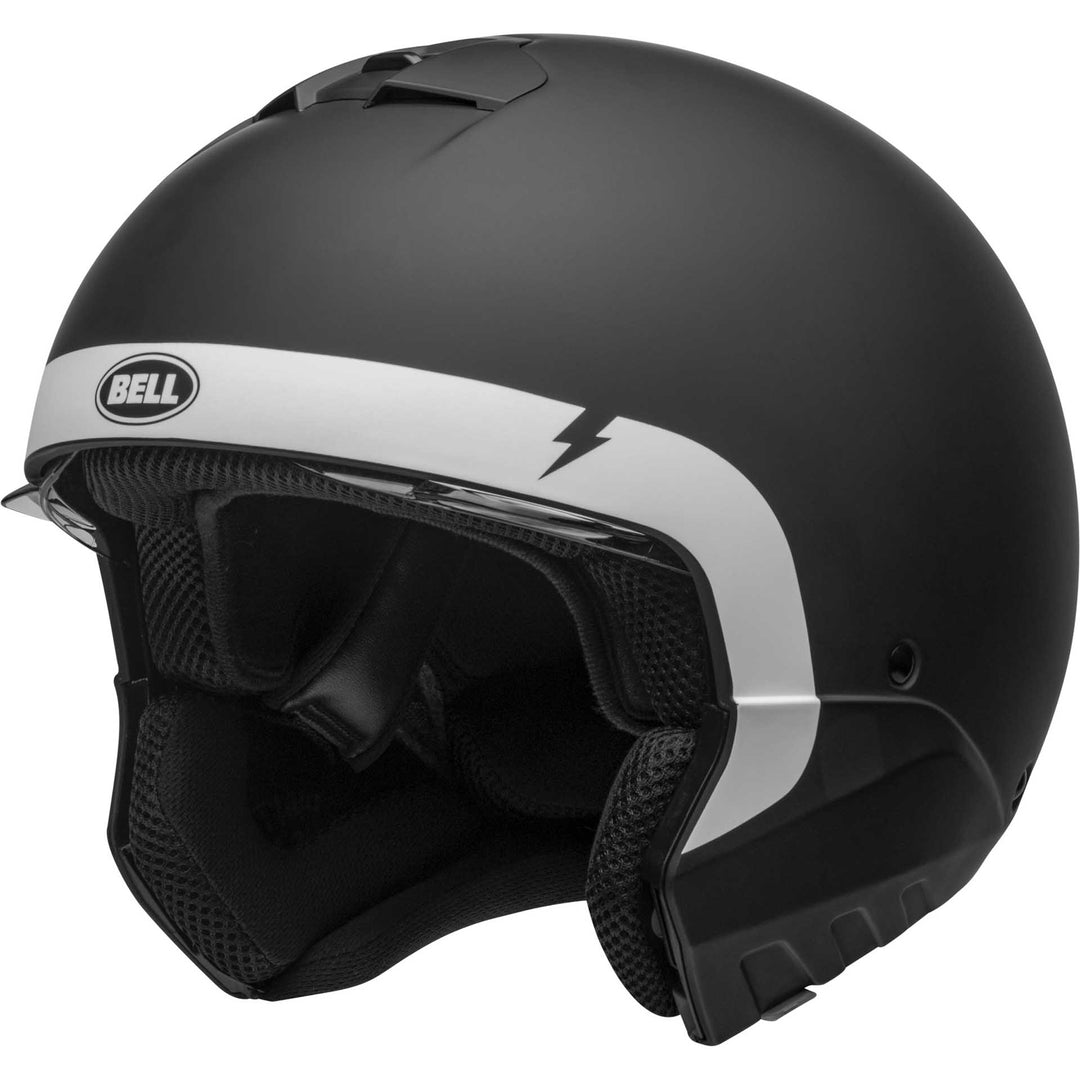 Bell Broozer Motorcycle Full Face Helmet Cranium Matte Black/White - Front Left Side View with Chin Bar Removed and Drop Down Shield Raised