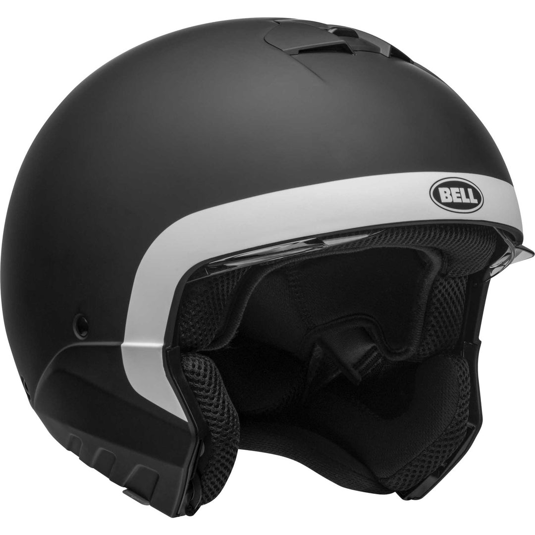 Bell Broozer Motorcycle Full Face Helmet Cranium Matte Black/White - Front Right Side View with Chin Bar Removed and Drop Down Shield Raised