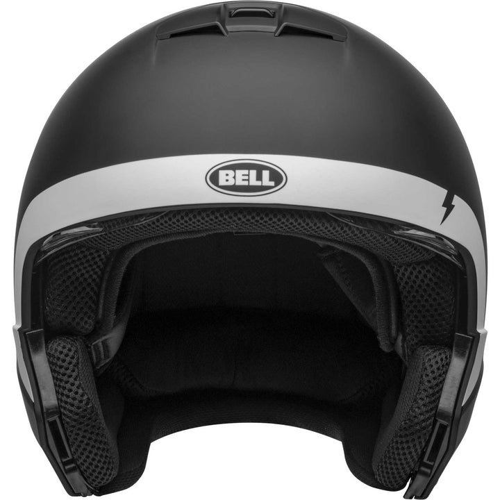 Bell Broozer Motorcycle Full Face Helmet Cranium Matte Black/White - Front View with Chin Bar Removed and Drop Down Shield Raised