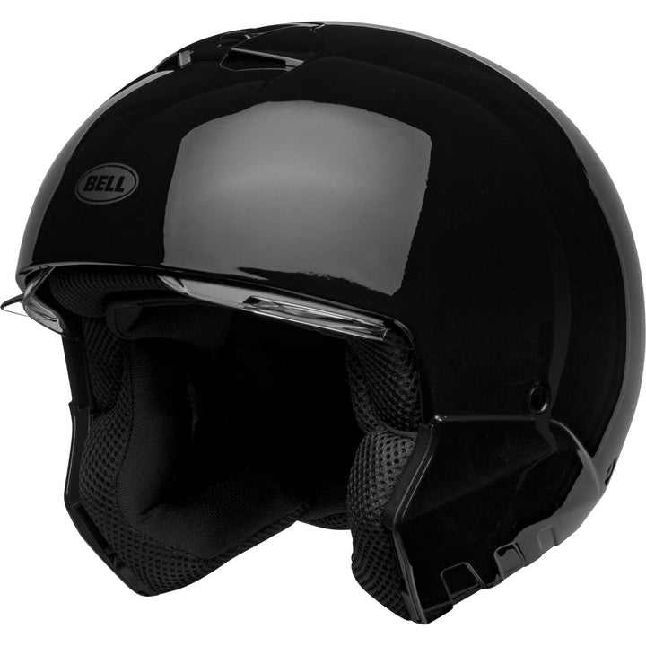 Bell Broozer Motorcycle Full Face Helmet Gloss Black - Front Left Side View with Chin Bar Removed and Drop Down Shield Raised