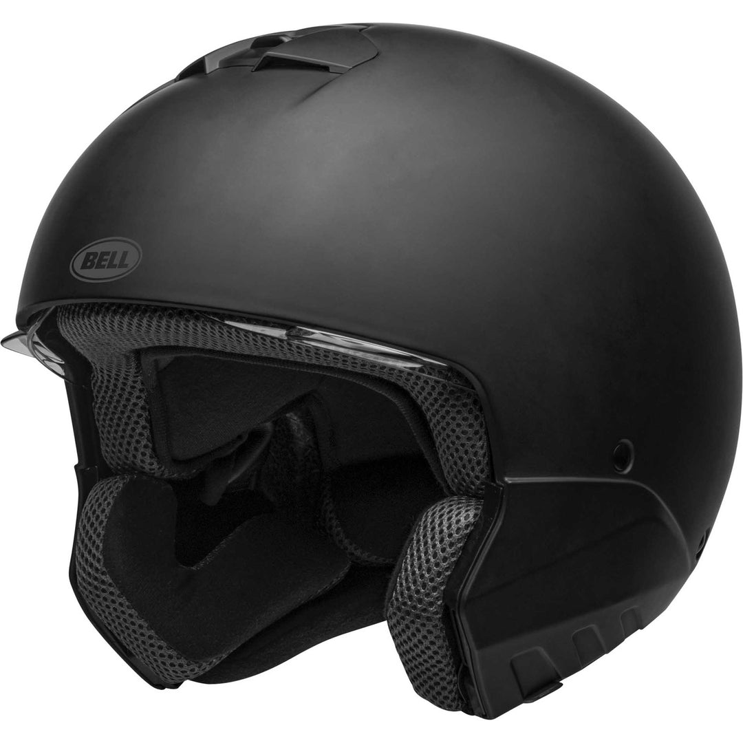 Bell Broozer Motorcycle Full Face Helmet Matte Black - Front Left Side View with Chin Bar Removed and Drop Down Shield Raised