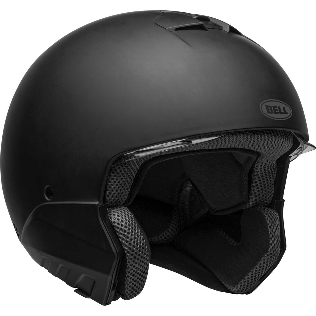Bell Broozer Motorcycle Full Face Helmet Matte Black - Front Right Side View with Chin Bar Removed and Drop Down Shield Raised
