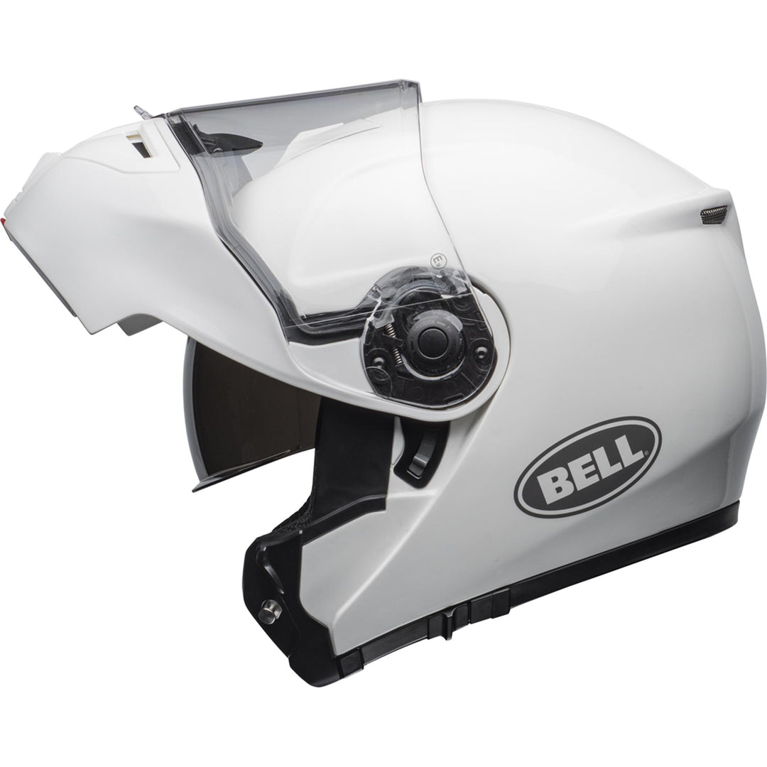 Bell SRT Modular Motorcycle Modular Helmet Gloss White - Left Side View with Chin Bar Raised