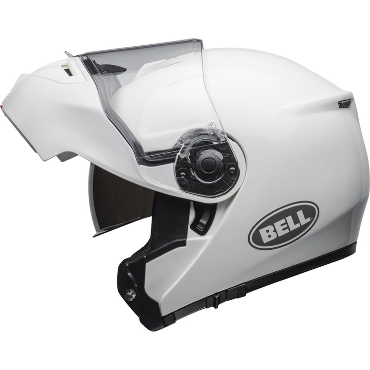 Bell SRT Modular Motorcycle Modular Helmet Gloss White - Left Side View with Chin Bar Raised