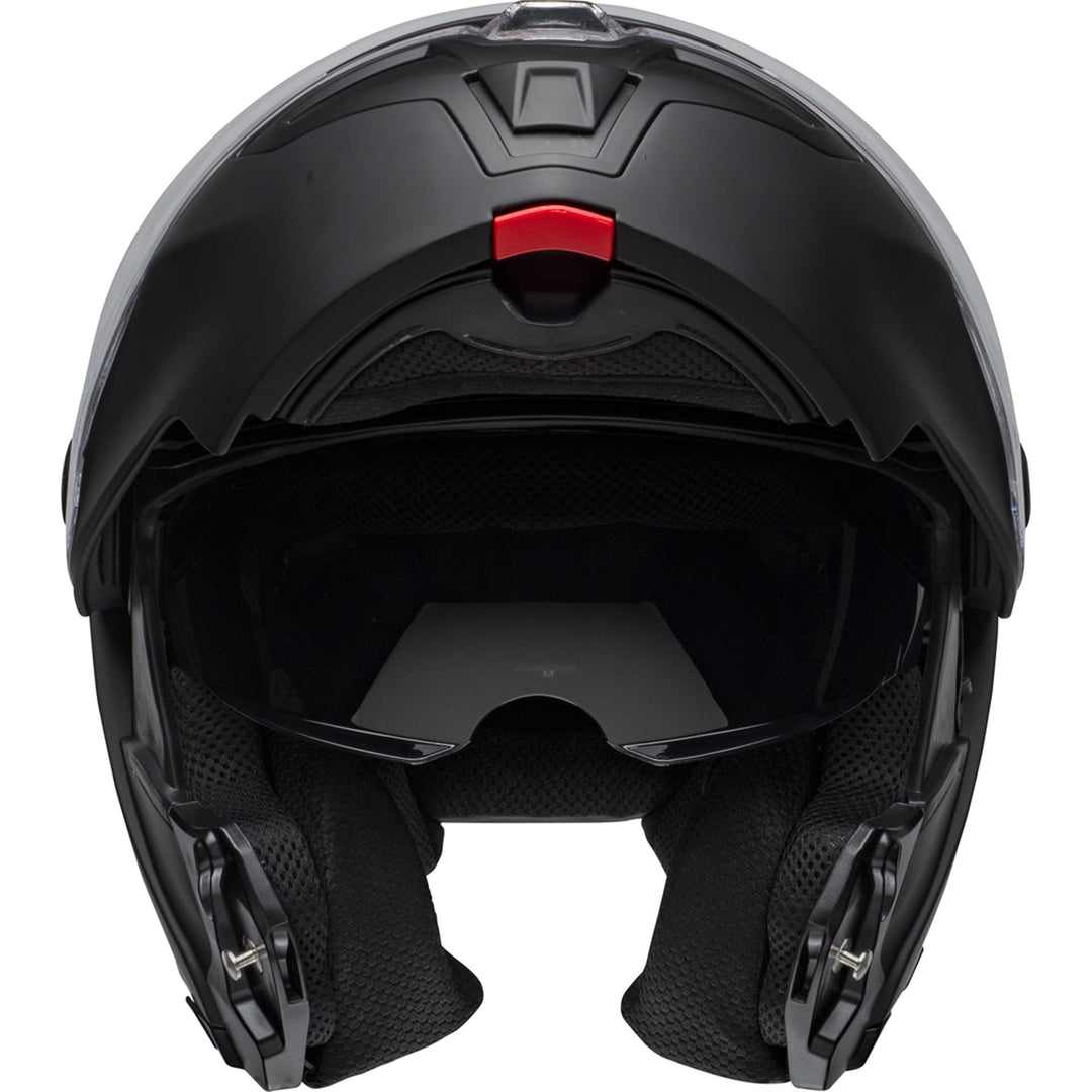 Bell SRT Modular Motorcycle Modular Helmet Matte Black - Front View with Chin Bar Raised and Drop Down Sun Visor Lowered