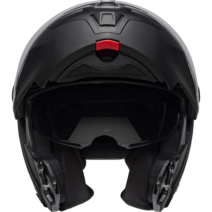 Bell SRT Modular Motorcycle Modular Helmet Matte Black - Front View with Chin Bar Raised and Drop Down Sun Visor Lowered