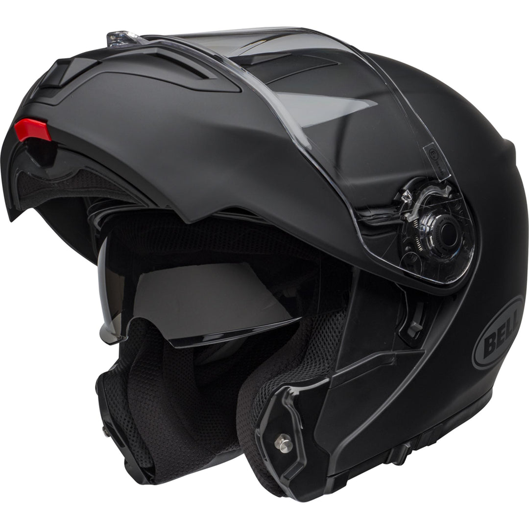 Bell SRT Modular Motorcycle Modular Helmet Matte Black - Front Left Side View with Chin Bar Raised and Drop Down Sun Visor Lowered
