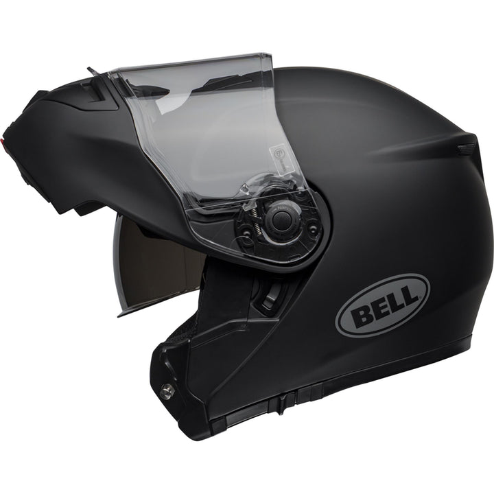 Bell SRT Modular Motorcycle Modular Helmet Matte Black - Left Side View with Chin Bar Raised and Drop Down Sun Visor Lowered