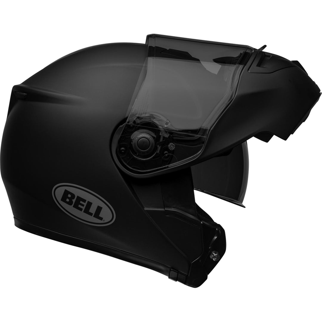 Bell SRT Modular Motorcycle Modular Helmet Matte Black - Right Side View with Chin Bar Raised and Drop Down Sun Visor Lowered