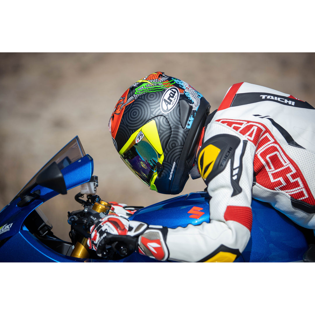 Arai Corsair-X Tatsuki Helmet Frost - lifestyle shot of racer wearing helmet